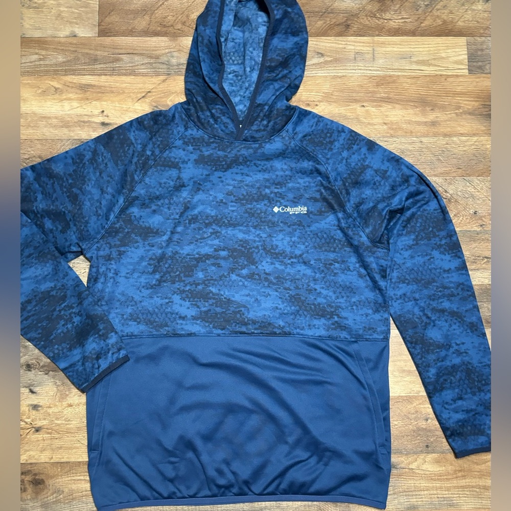 NEW Columbia Men Long-Sleeve PFG Super Terminal Fleece Hoodie Blue Camo Carbon - Picture 2 of 6